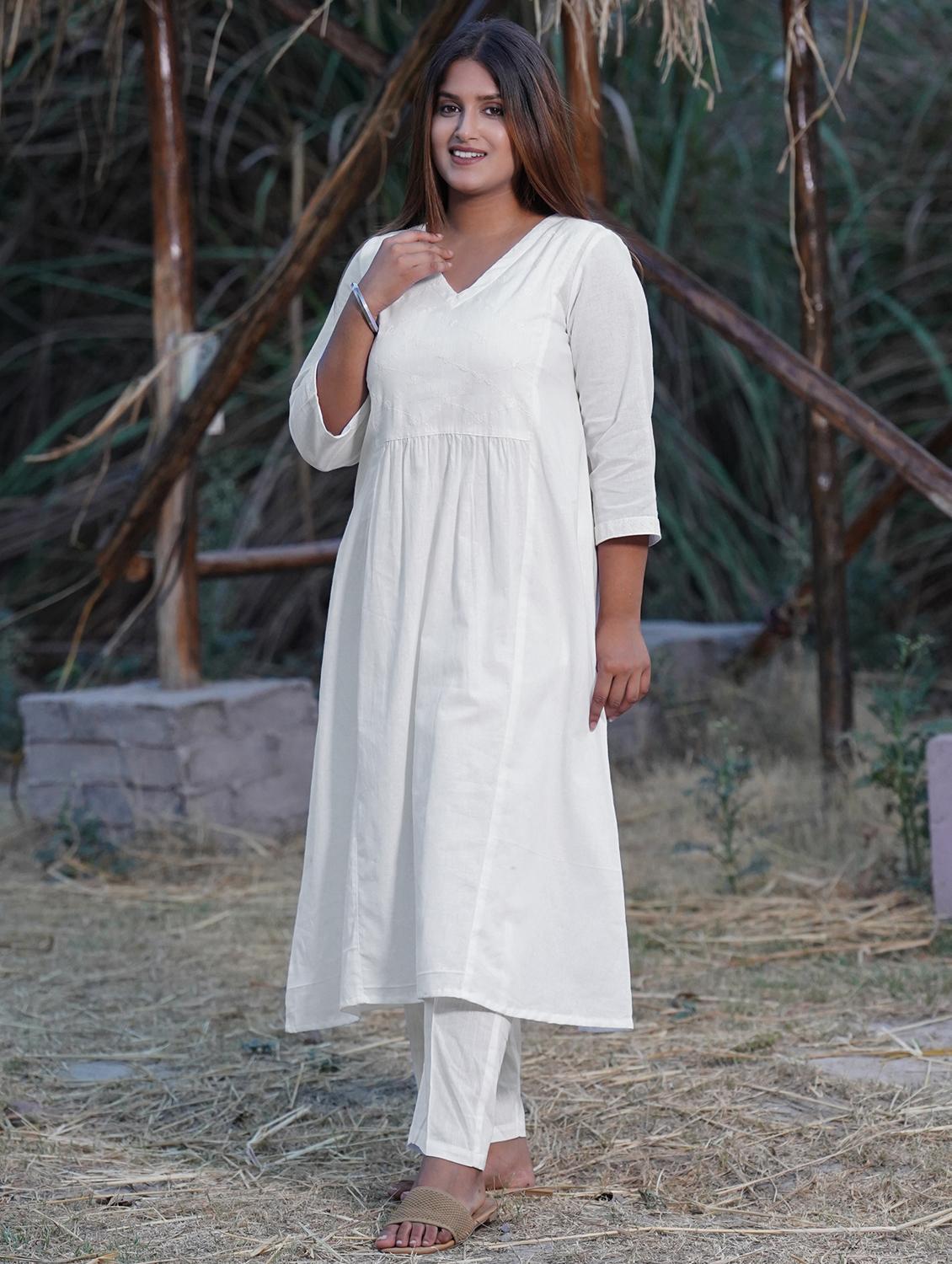 women solid with work three quarter sleeve a-line kurta - 21974971 - Standard Image - 2