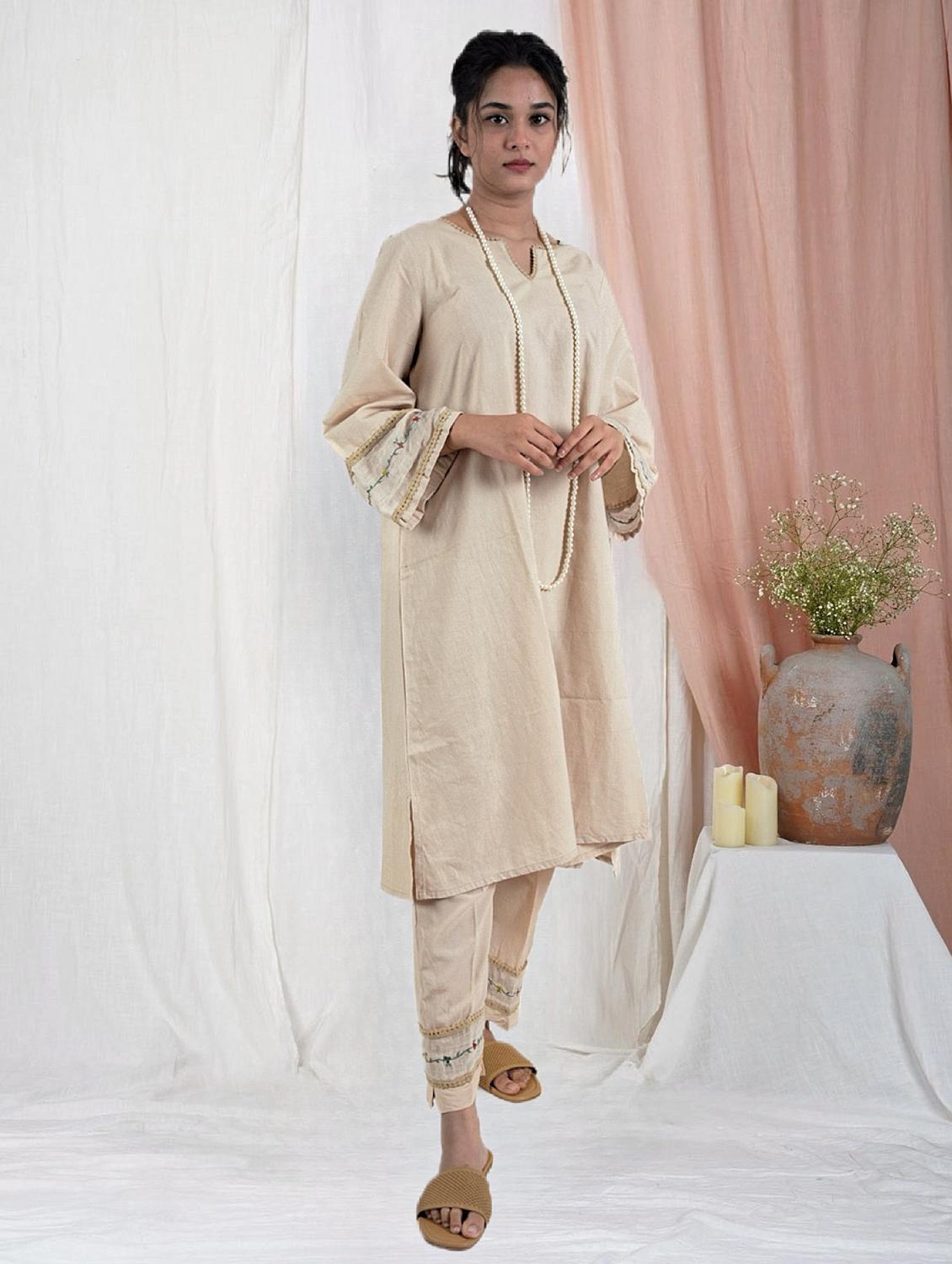 women solid with work long sleeve a-line kurta - 21974972 -  Zoom Image - 0