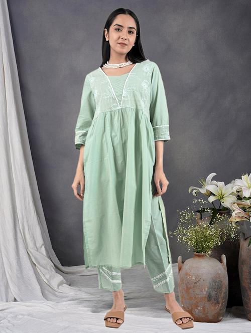 women solid with work three quarter sleeve a-line kurta - 21974973 - Standard Image - 0