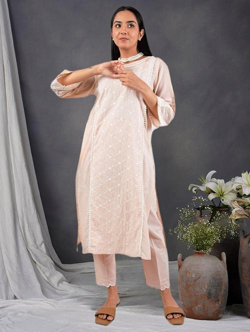 women solid with work three quarter sleeve a-line kurta - 21974974 - Standard Image - 0