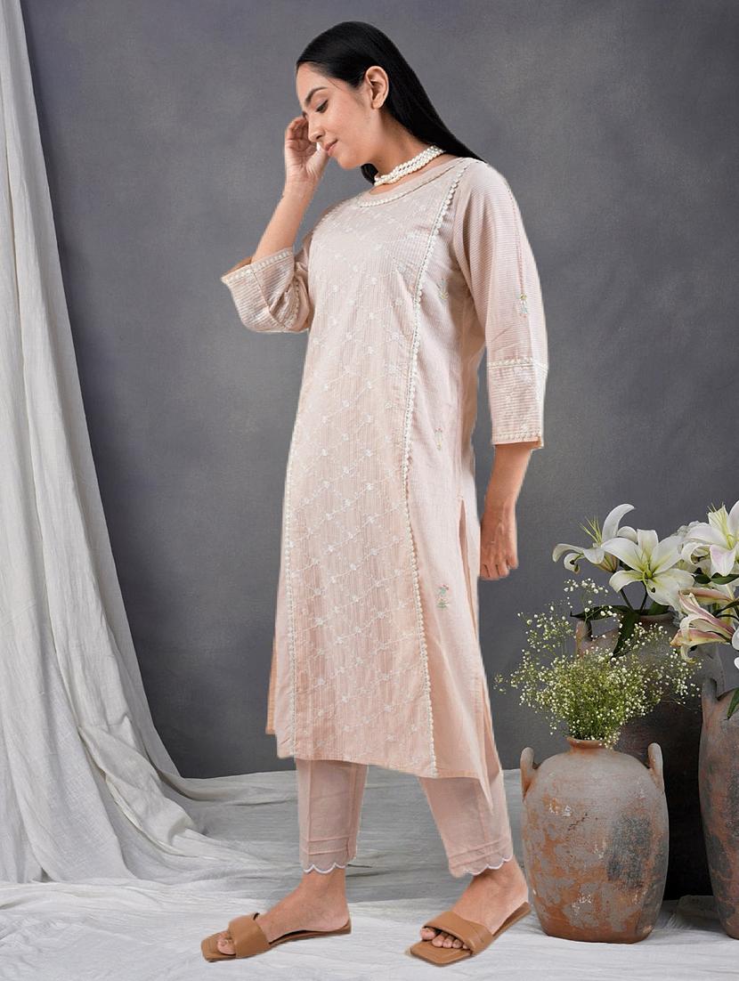 women solid with work three quarter sleeve a-line kurta - 21974974 - Standard Image - 2