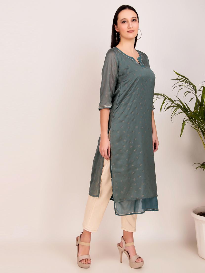 women solid with work three quarter sleeve layered kurta - 21974975 - Standard Image - 2