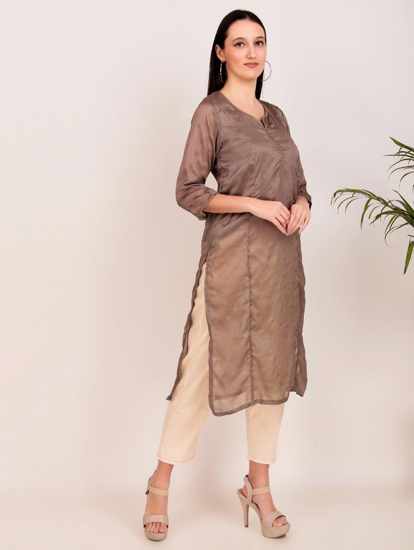 women solid with work three quarter sleeve straight kurta - 21974976 - Standard Image - 2