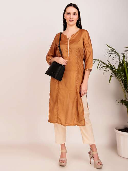 women solid with work three quarter sleeve straiight kurta - 21974977 -  Standard Image - 0