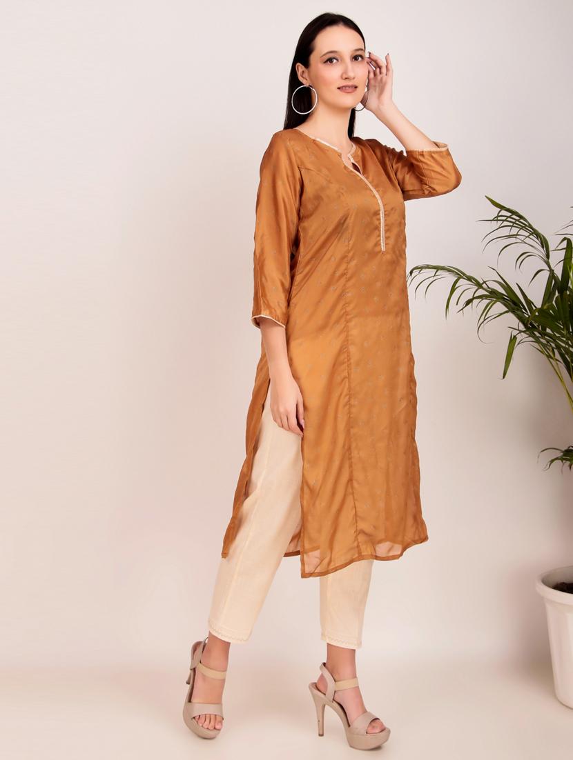 women solid with work three quarter sleeve straiight kurta - 21974977 - Standard Image - 2