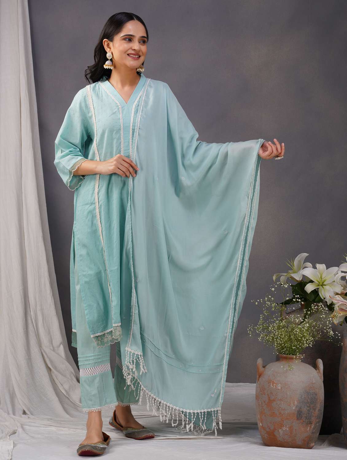 women three quarter sleeve kurta pant with dupatta set