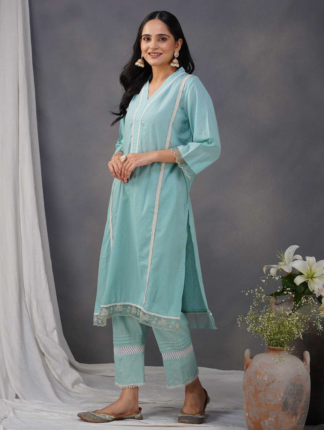 women three quarter sleeve kurta pant with dupatta set - 21975058 - Standard Image - 2