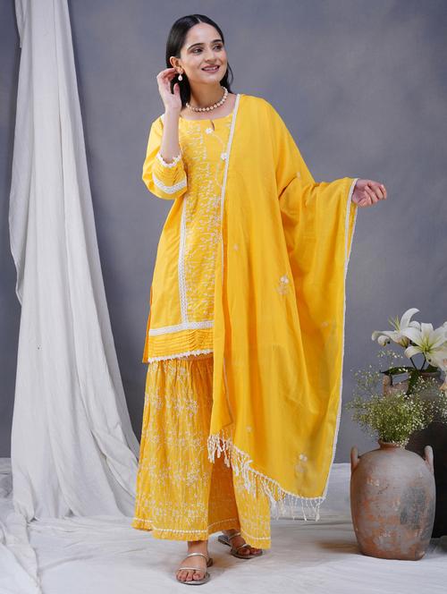 women three quarter sleeve kurta sharara with dupatta set - 21975060 -  Standard Image - 0