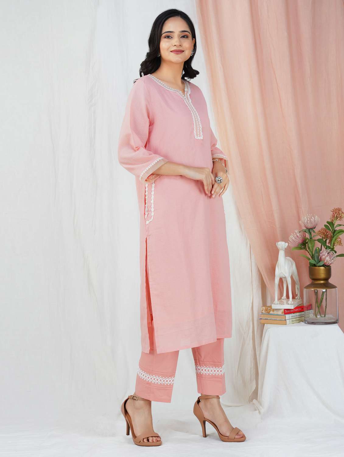 women solid with work three quarter sleeve kurta pant set - 21975064 -  Standard Image - 2