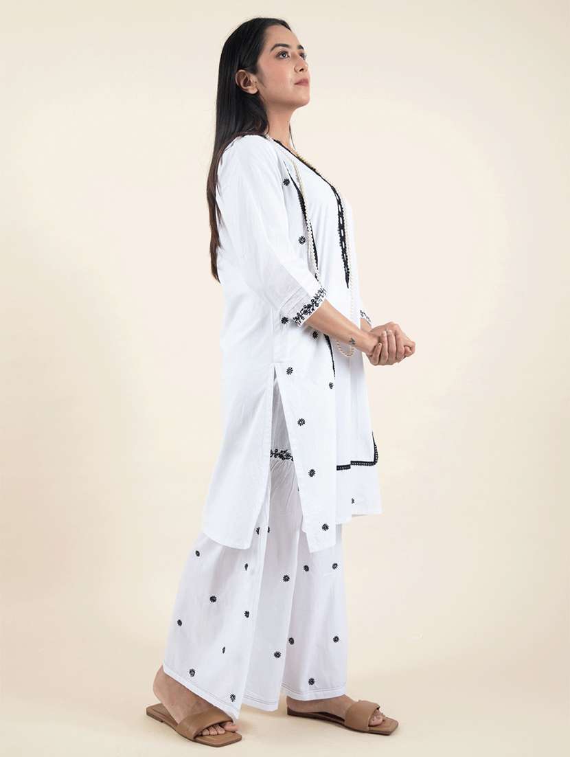 women solid with work three quarter sleeve kurta sharara set - 21975083 -  Standard Image - 2