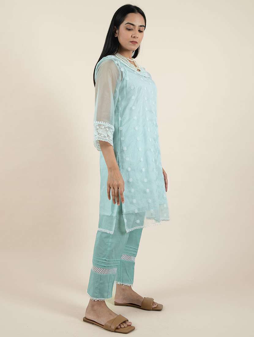 women solid with work three quarter sleeve kurta pant set - 21975088 - Standard Image - 2
