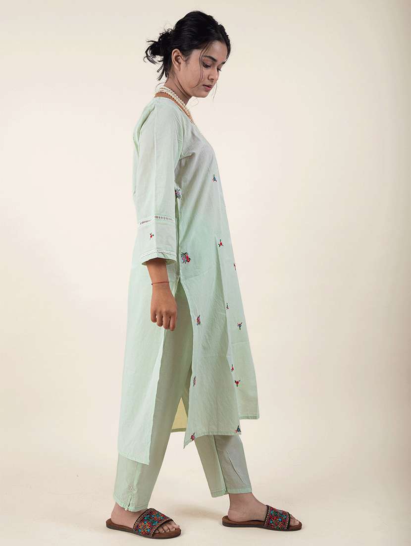 women solid with work three quarter sleeve kurta pant set - 21975090 - Standard Image - 2