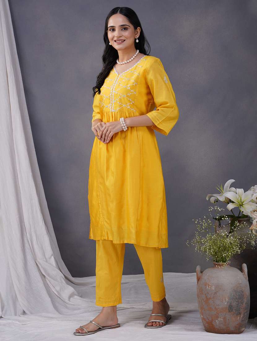 women solid with work three quarter sleeve kurta pant set - 21975091 - Standard Image - 2