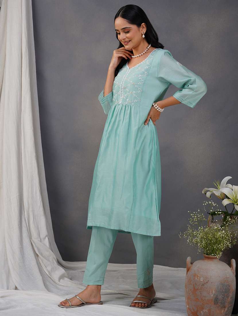 women solid with work three quarter sleeve kurta pant set - 21975092 - Standard Image - 2