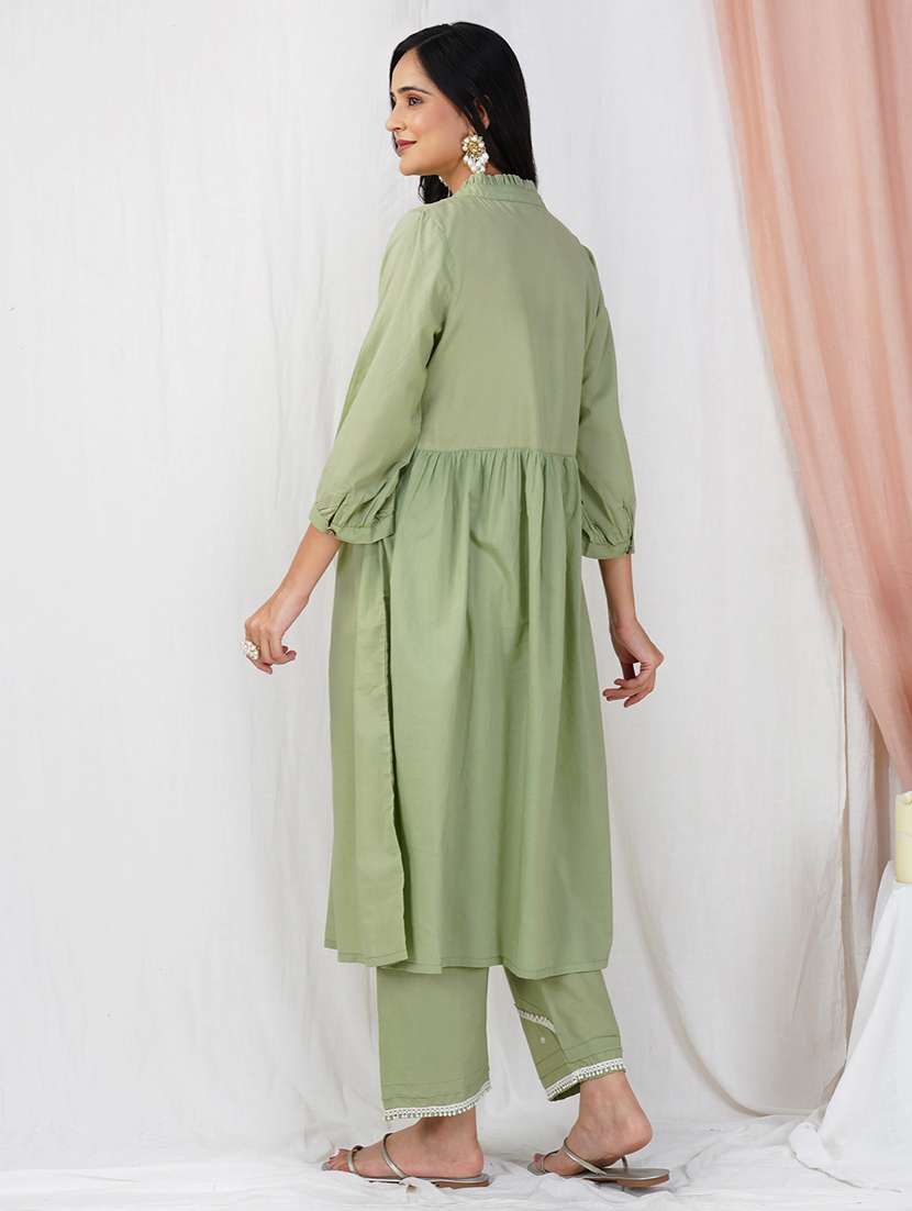 women solid with work three quarter sleeve kurta pant set - 21975093 -  Standard Image - 2