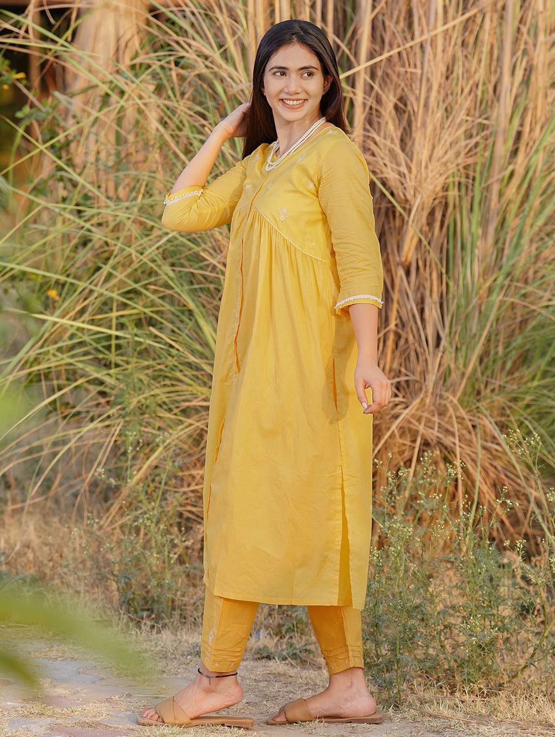 women solid with work three quarter sleeve kurta pant set - 21975112 -  Standard Image - 2