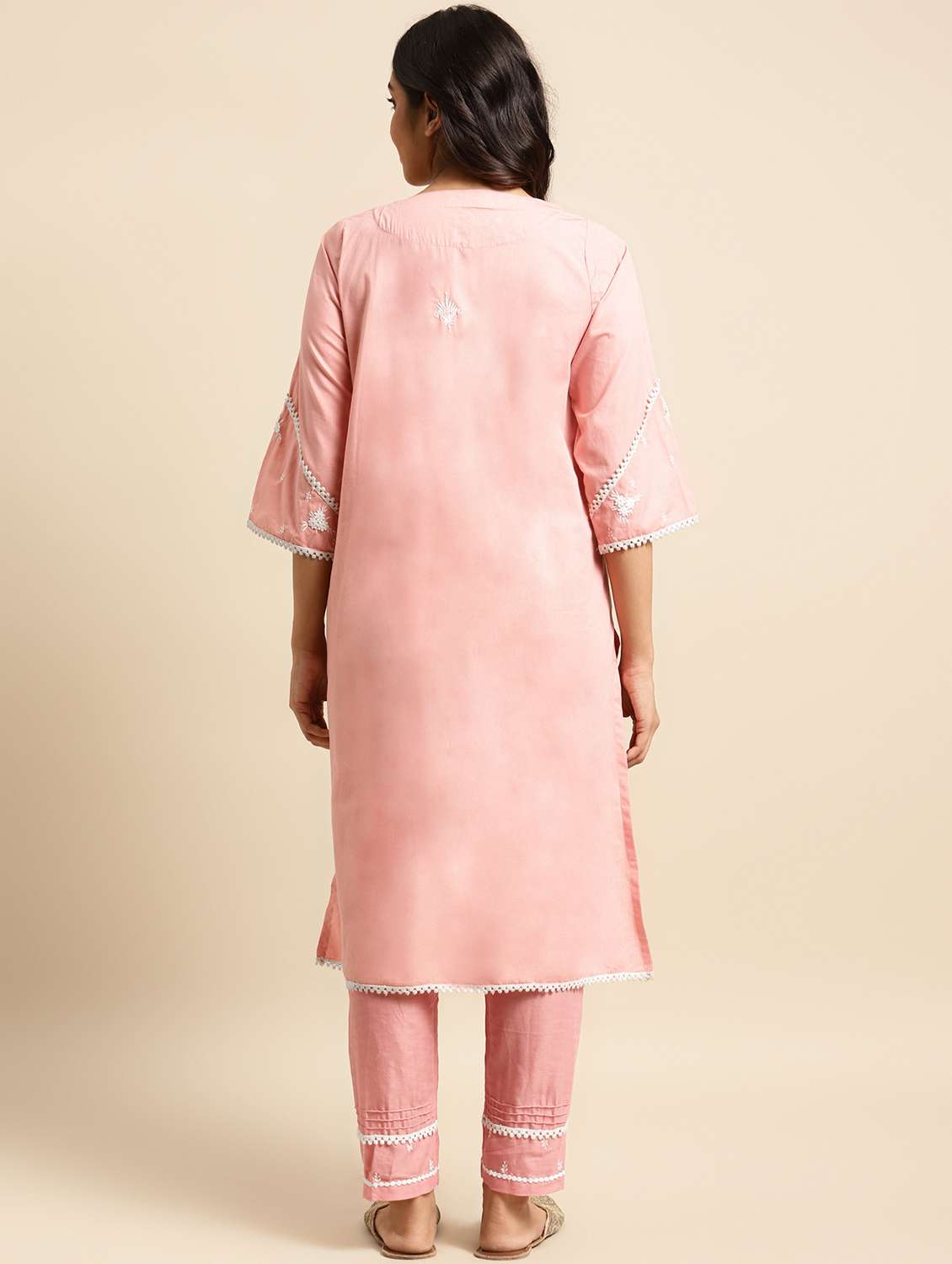 women solid with work three quarter sleeve kurta pant set - 21975120 -  Standard Image - 2