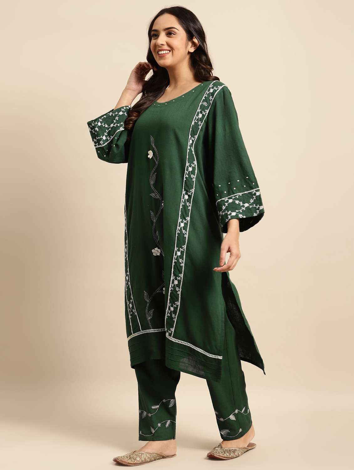 women solid with work long sleeve kurta pant with dupatta set - 21975121 -  Standard Image - 2