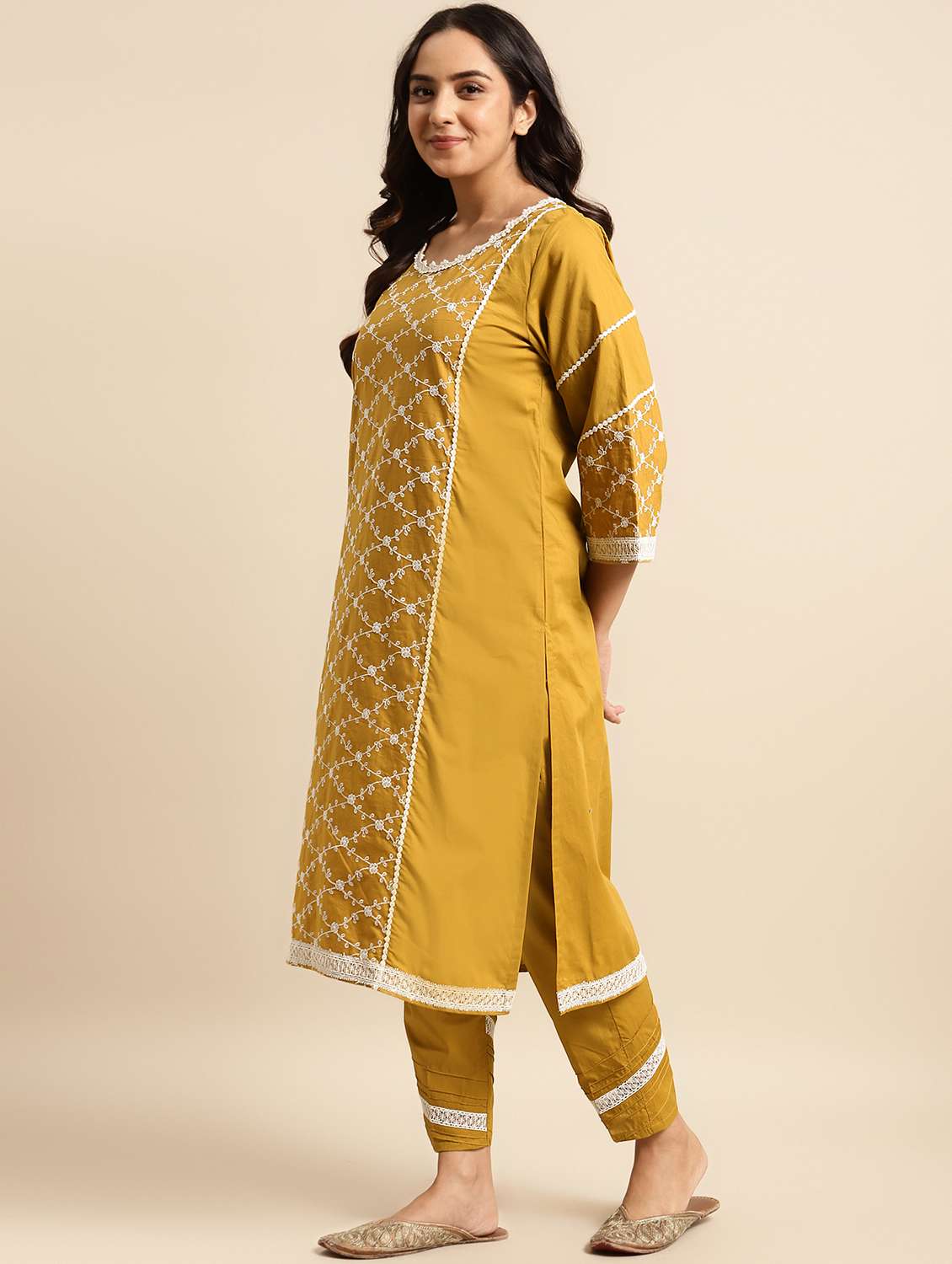 women solid with work three quarter sleeve kurta pant with dupatta set - 21975122 -  Standard Image - 2