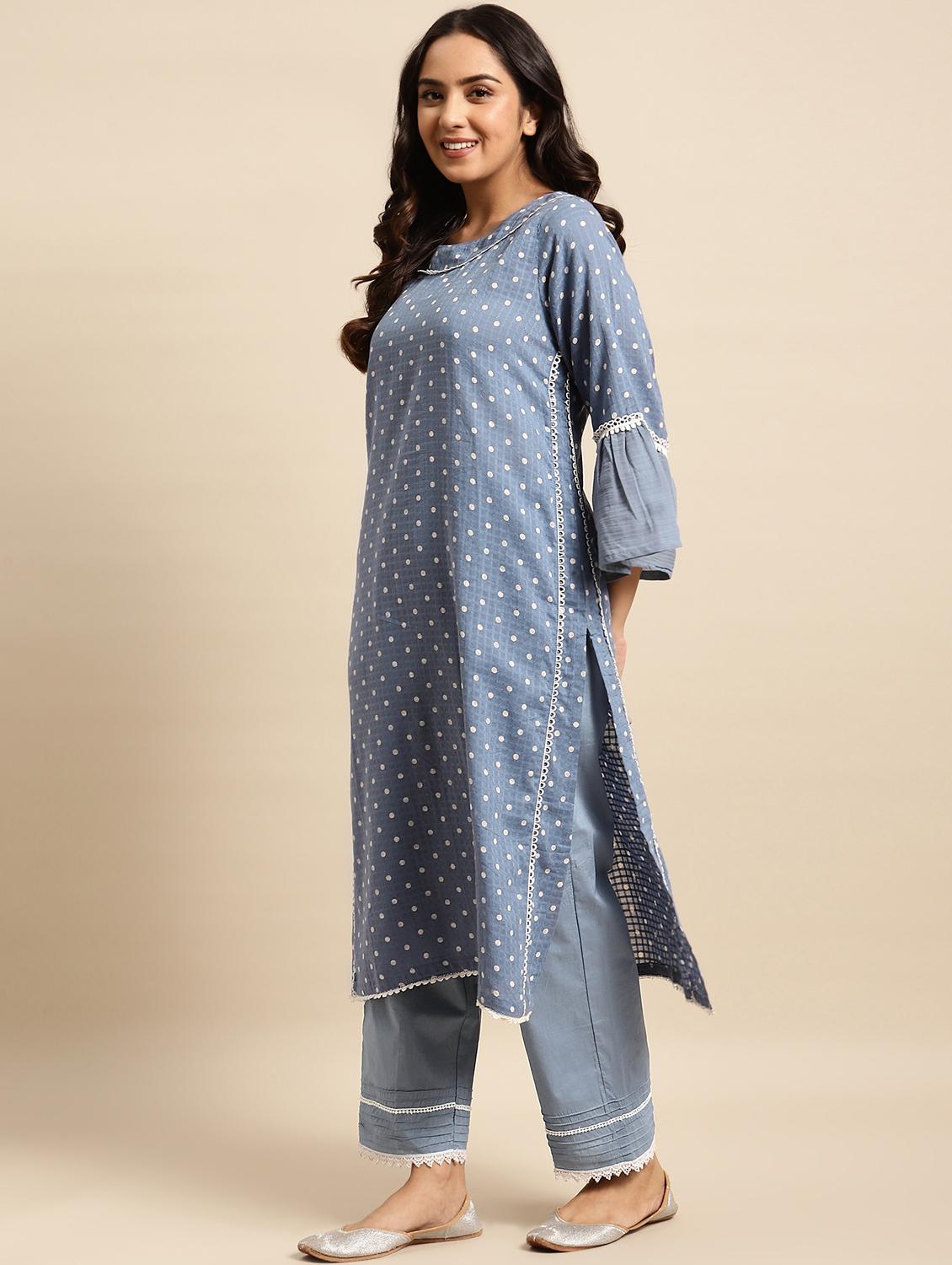 women polka dot bell sleeve kurta pant with dupatta set - 21975123 - Standard Image - 2