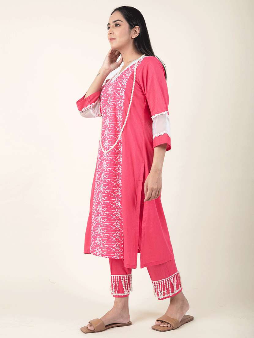 women solid with work three quarter sleeve kurta pant set - 21975124 - Standard Image - 2