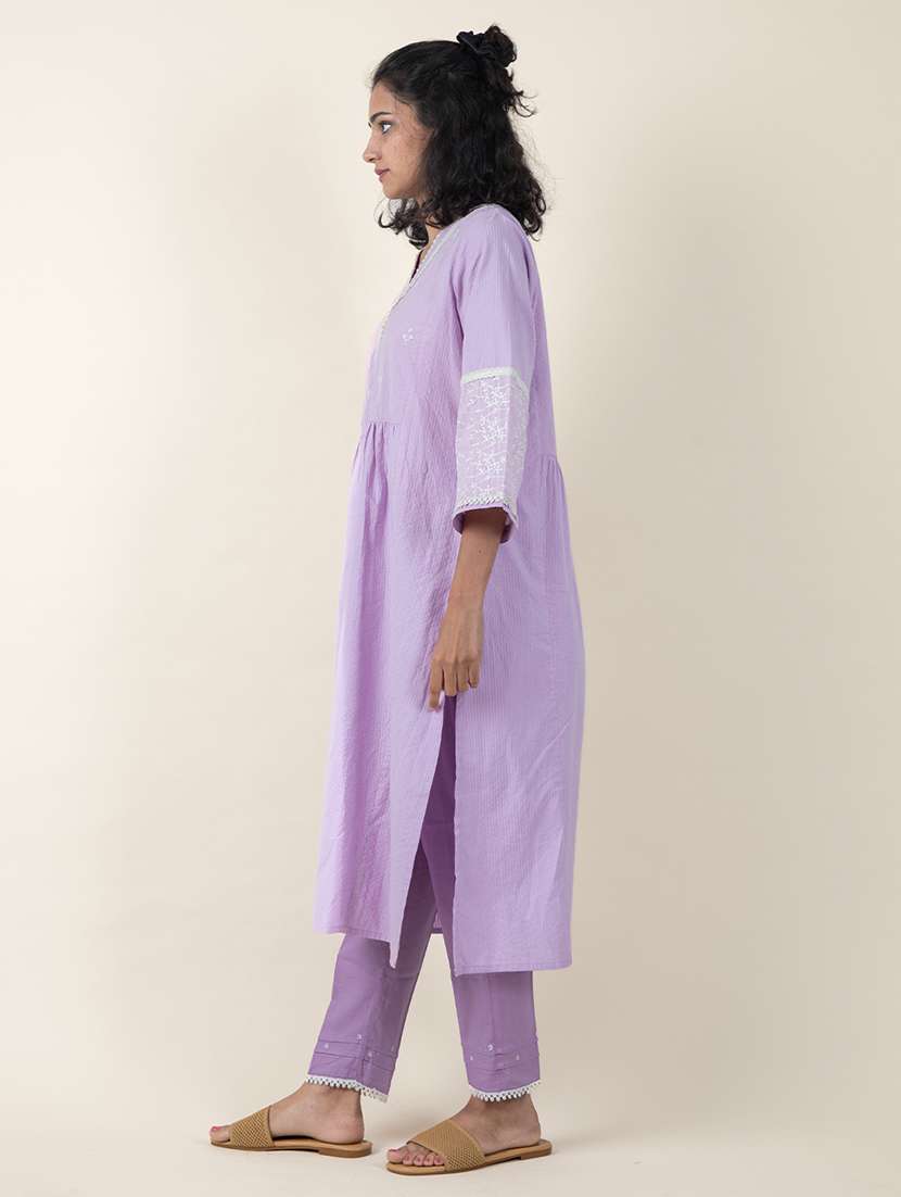 women solid with work three quarter sleeve kurta pant set - 21975125 - Standard Image - 2