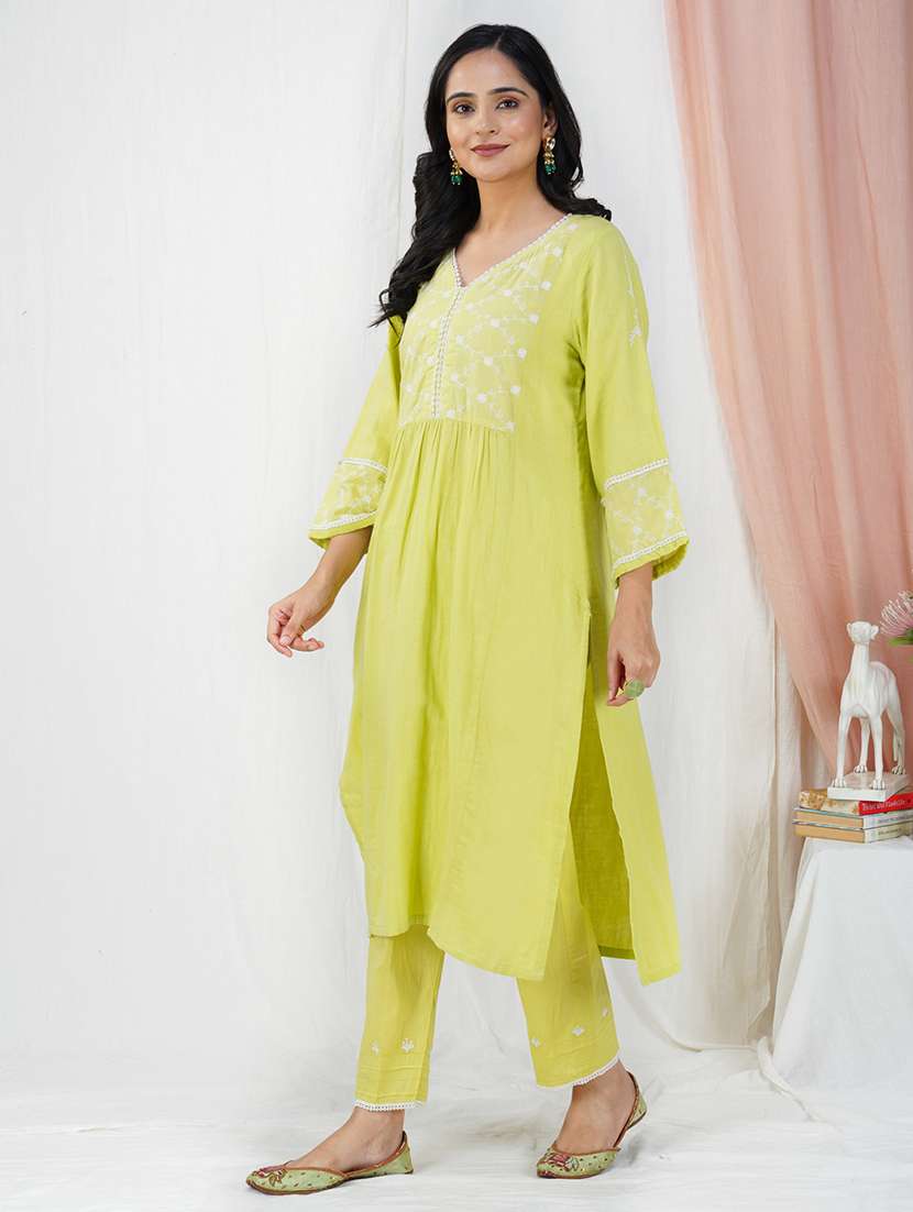 women solid with work three quarter sleeve kurta pant set - 21975126 - Standard Image - 2