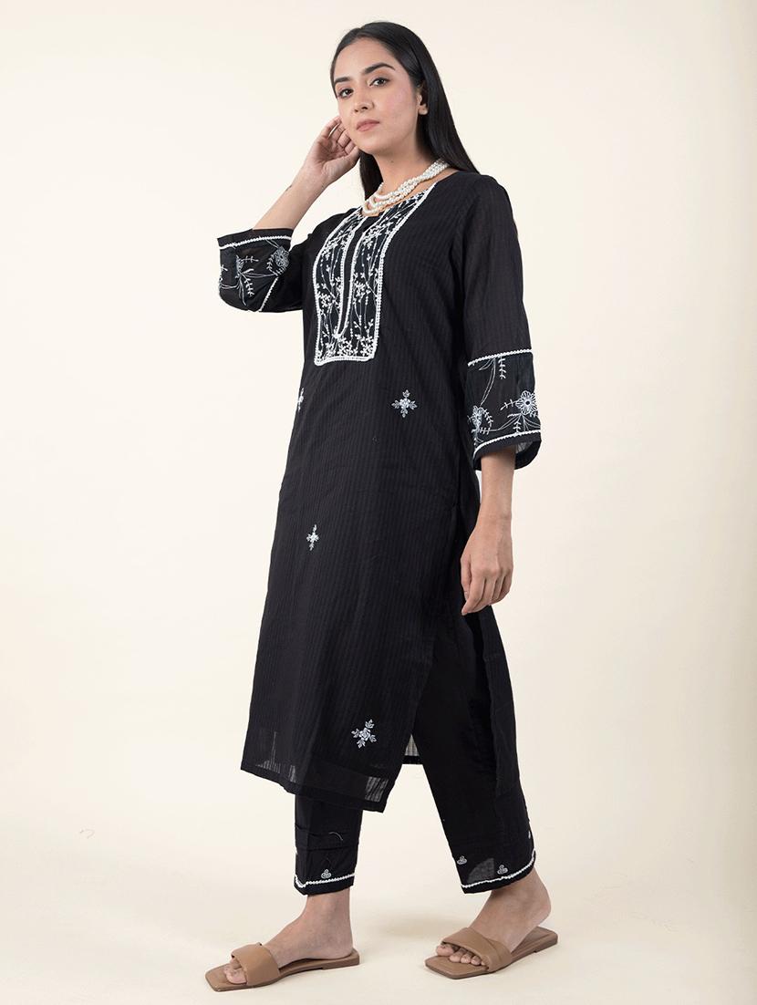women solid with work three quarter sleeve kurta pant set - 21975127 - Standard Image - 2