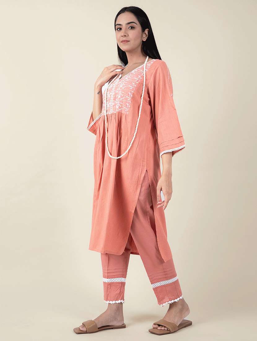 women solid with work three quarter sleeve kurta pant set - 21975128 - Standard Image - 2