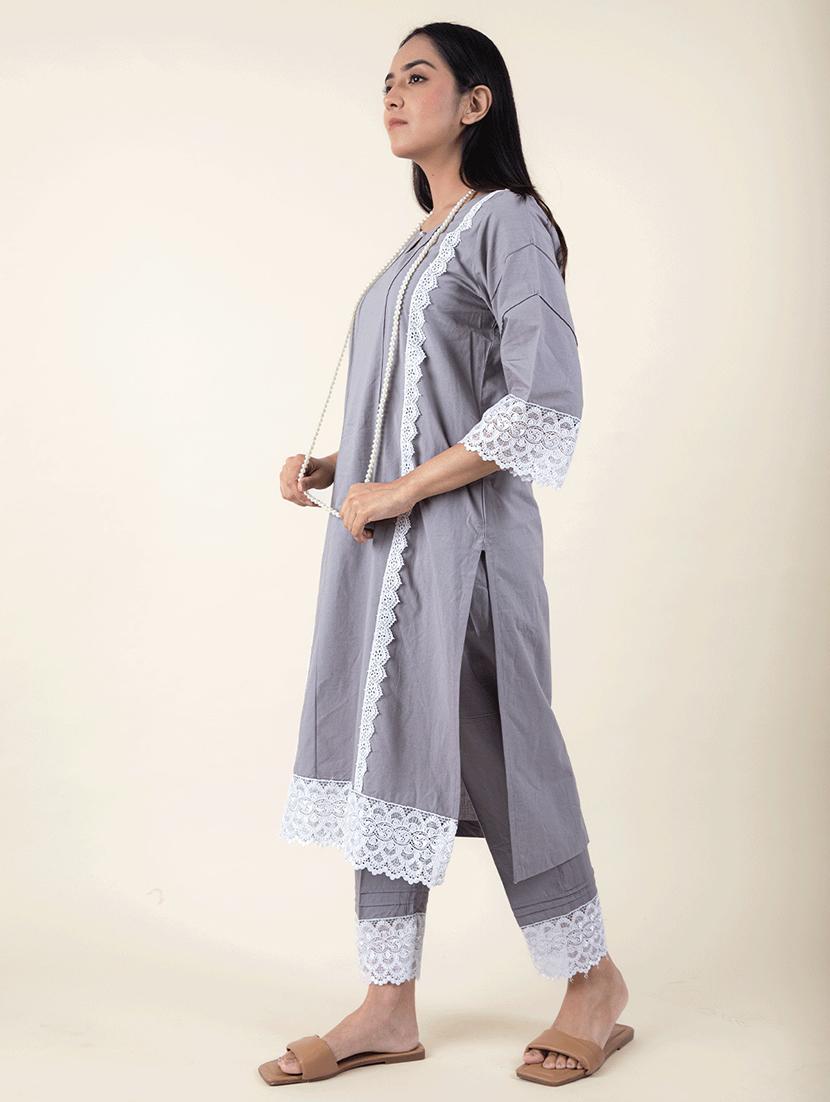 women solid with work three quarter sleeve kurta pant set - 21975130 - Standard Image - 2