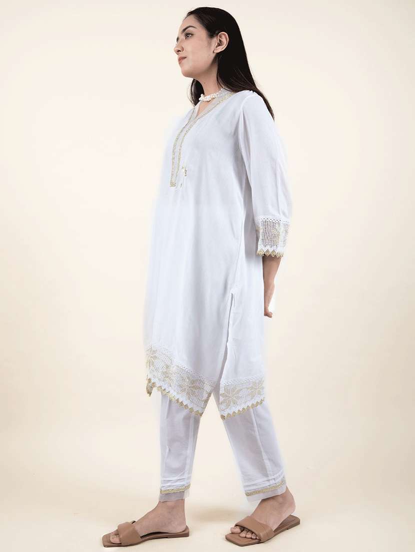 women solid with work three quarter sleeve kurta pant set - 21975131 - Standard Image - 2