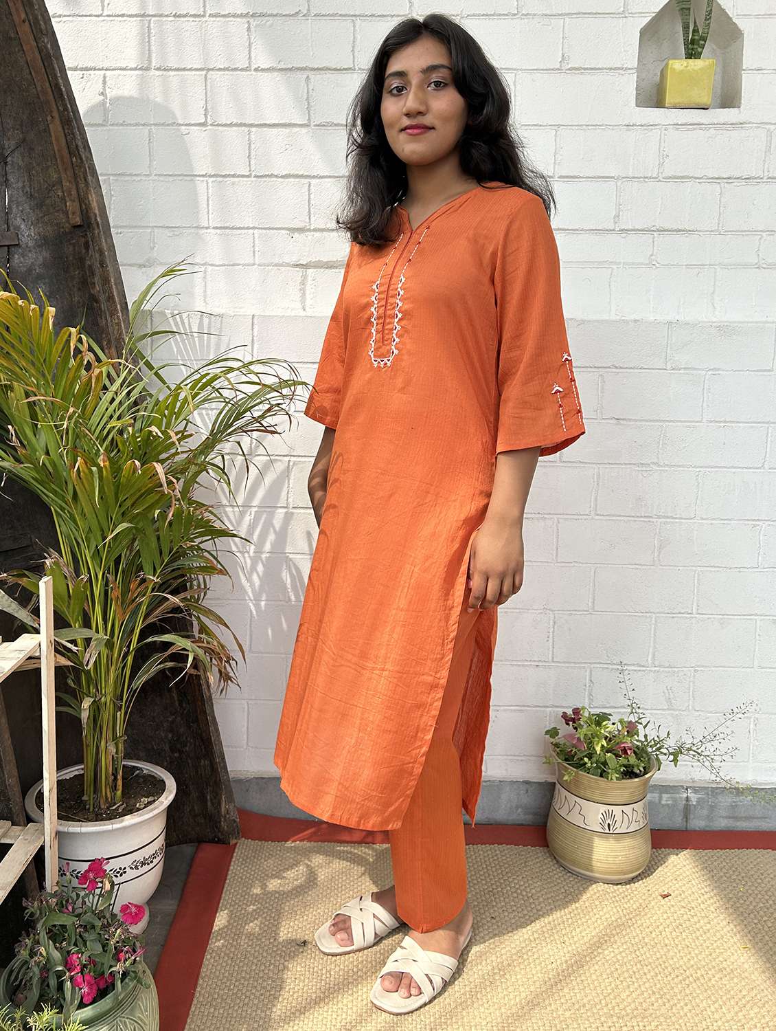 women striped three quarter sleeve kurta pant set - 21975135 -  Standard Image - 2