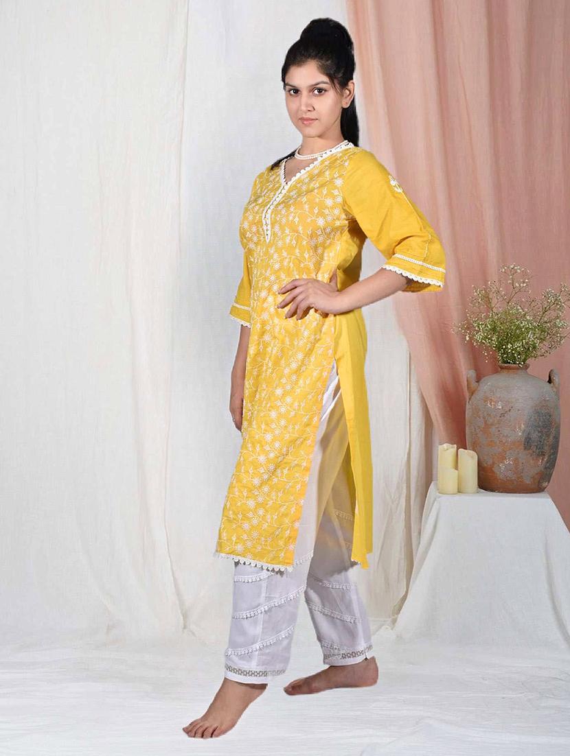 women solid with work three quarter sleeve kurta pant set - 21975137 - Standard Image - 2
