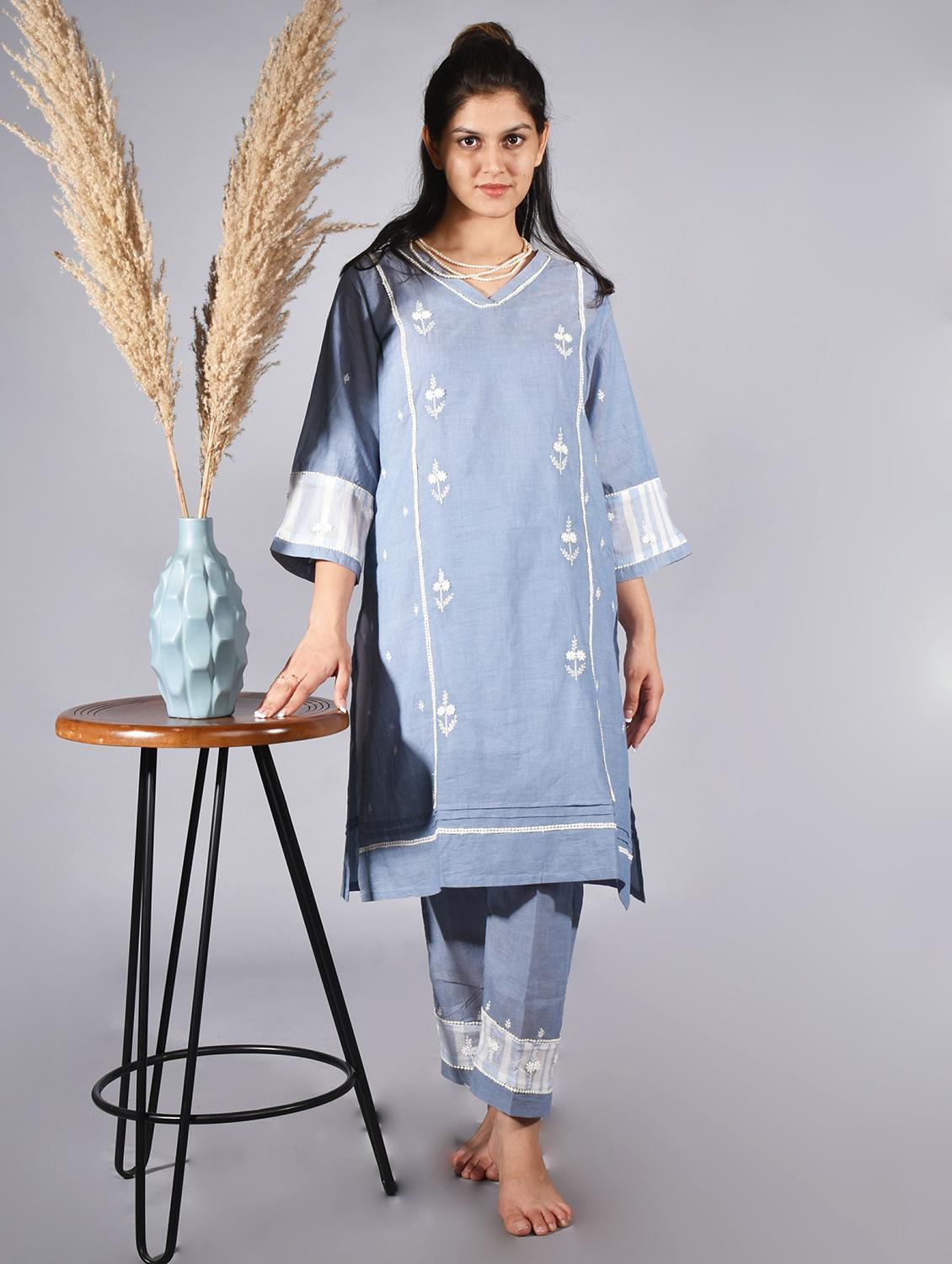 women solid with work three quarter sleeve kurta pant set - 21975139 - Standard Image - 2