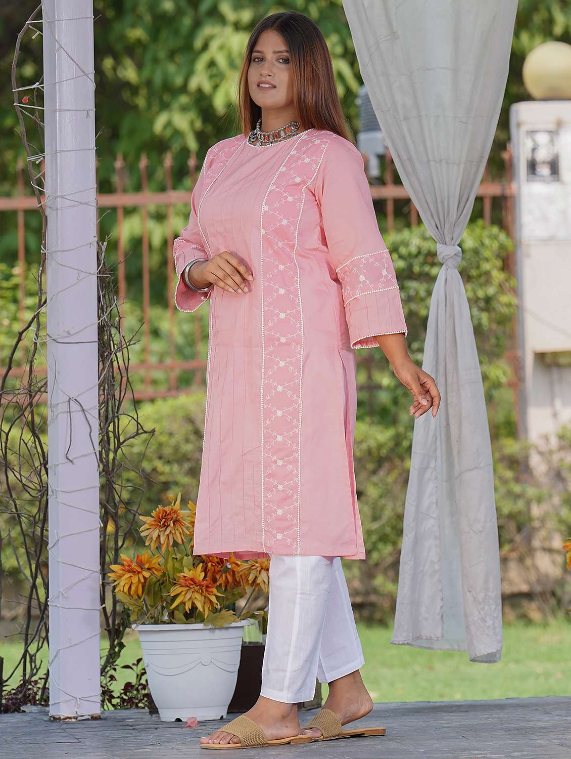 women solid with work three quarter sleeve kurta pant set - 21975140 -  Standard Image - 2