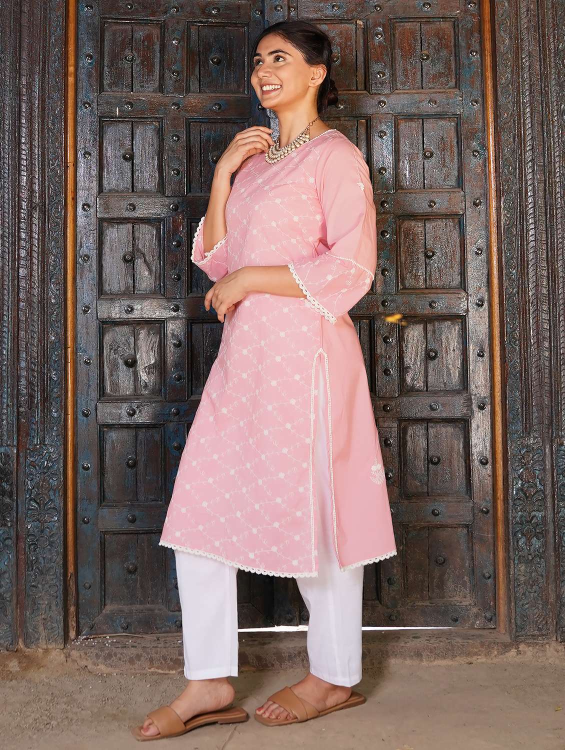 women solid with work three quarter sleeve kurta pant set - 21975142 -  Standard Image - 2