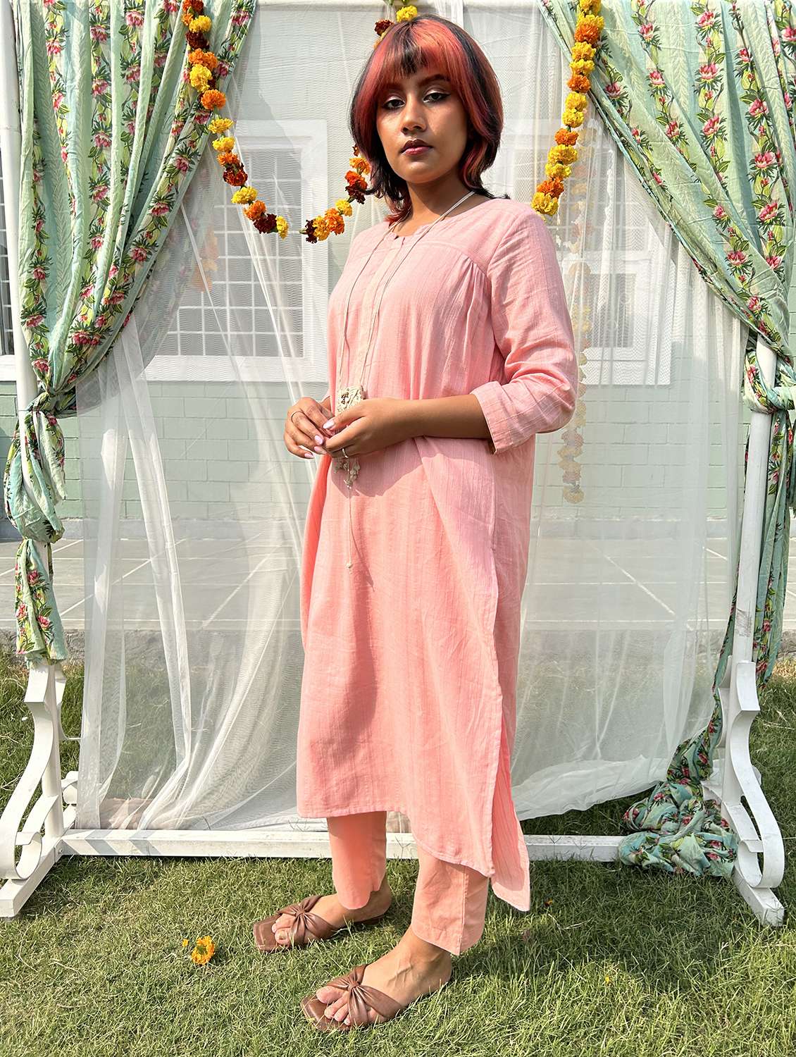 women self design three quarter sleeve kurta pant set - 21975144 -  Standard Image - 2