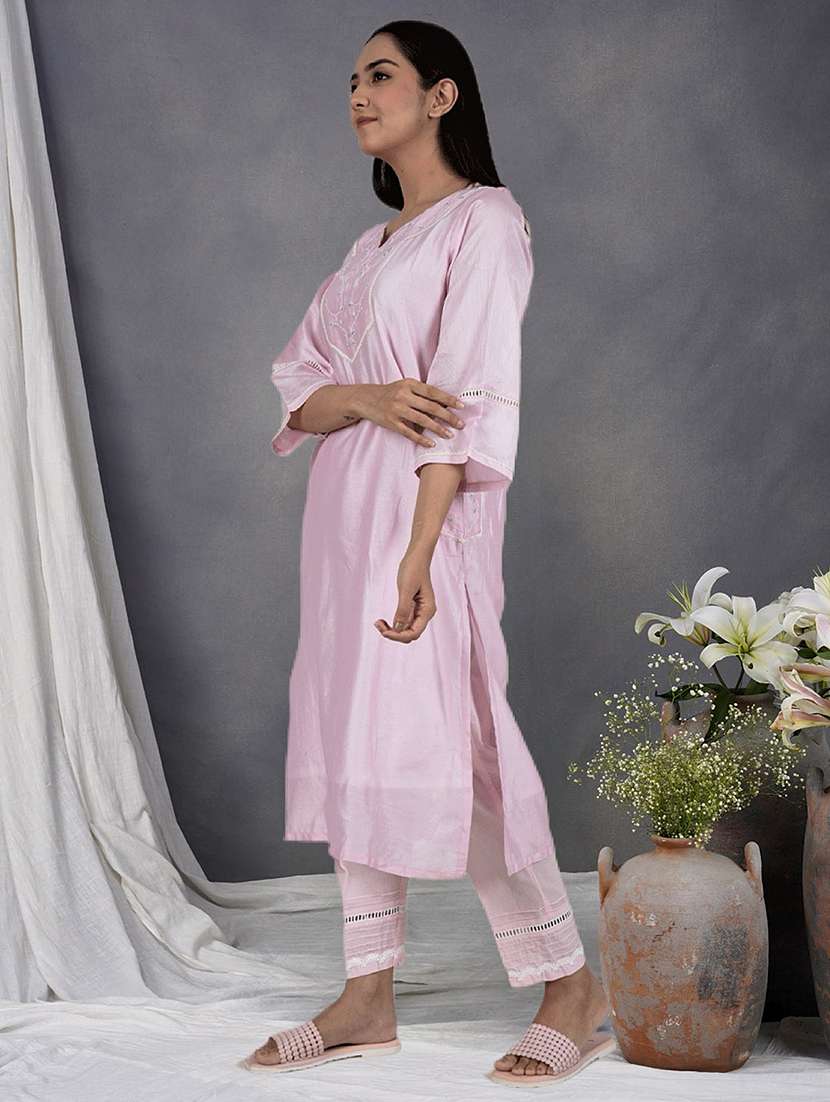 women solid with work three quarter sleeve kurta pant set - 21975145 -  Standard Image - 2