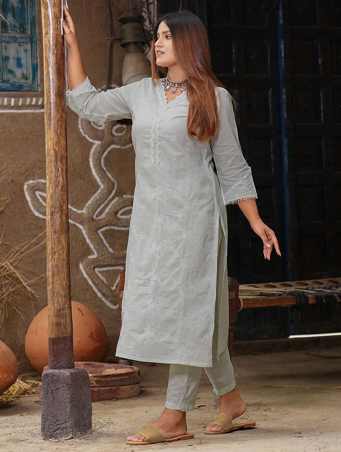 women three quarter sleeve kurta pant with dupatta set - 21975202 - Standard Image - 2