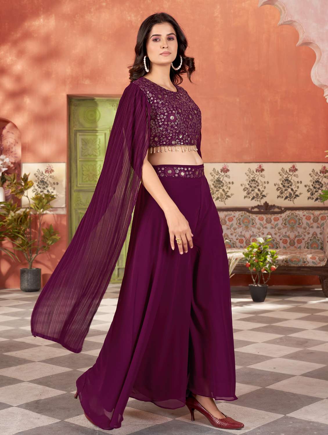 women solid with work round neck fusion set - 21975229 - Standard Image - 2