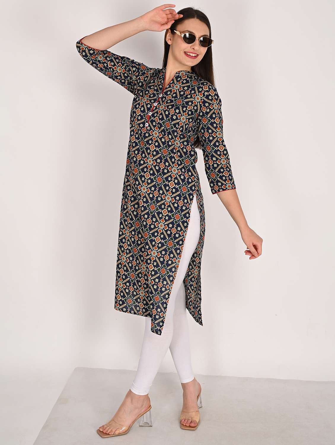women printed three quarter sleeve straight kurta