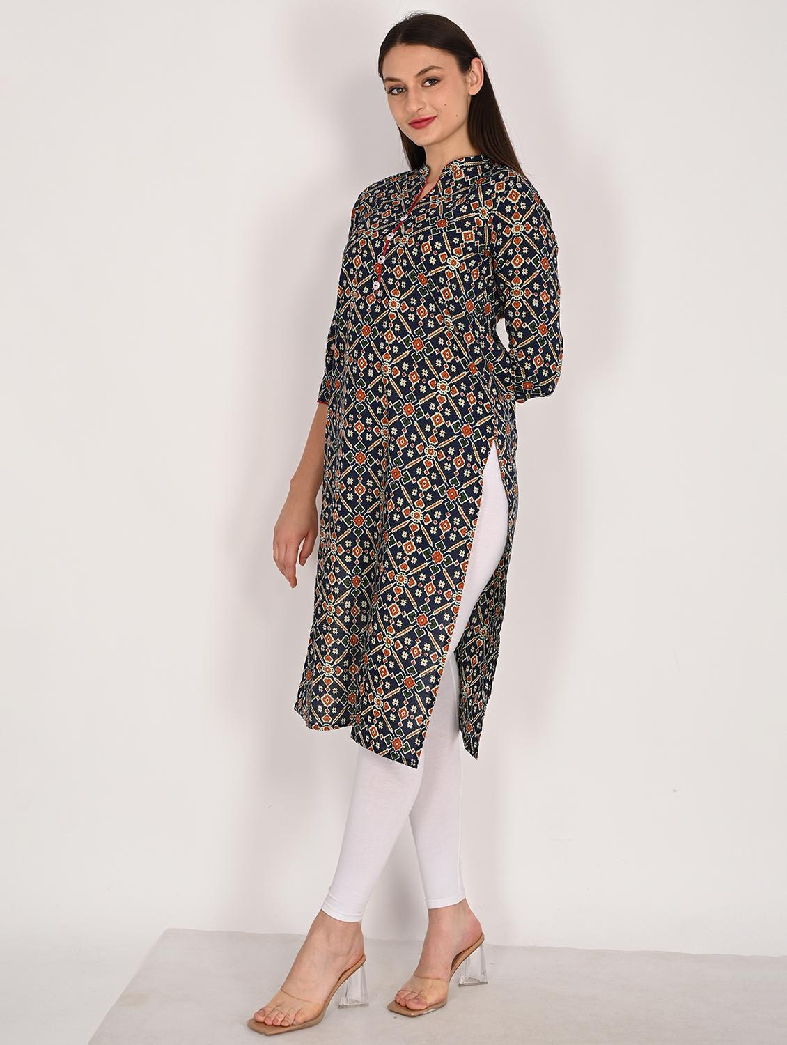 women printed three quarter sleeve straight kurta - 21975302 - Standard Image - 2