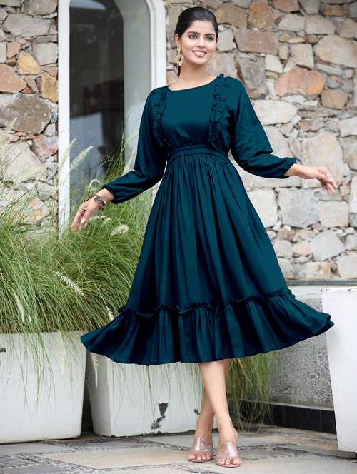 women solid three quarter sleeve tiered dress - 21975316 -  Standard Image - 0
