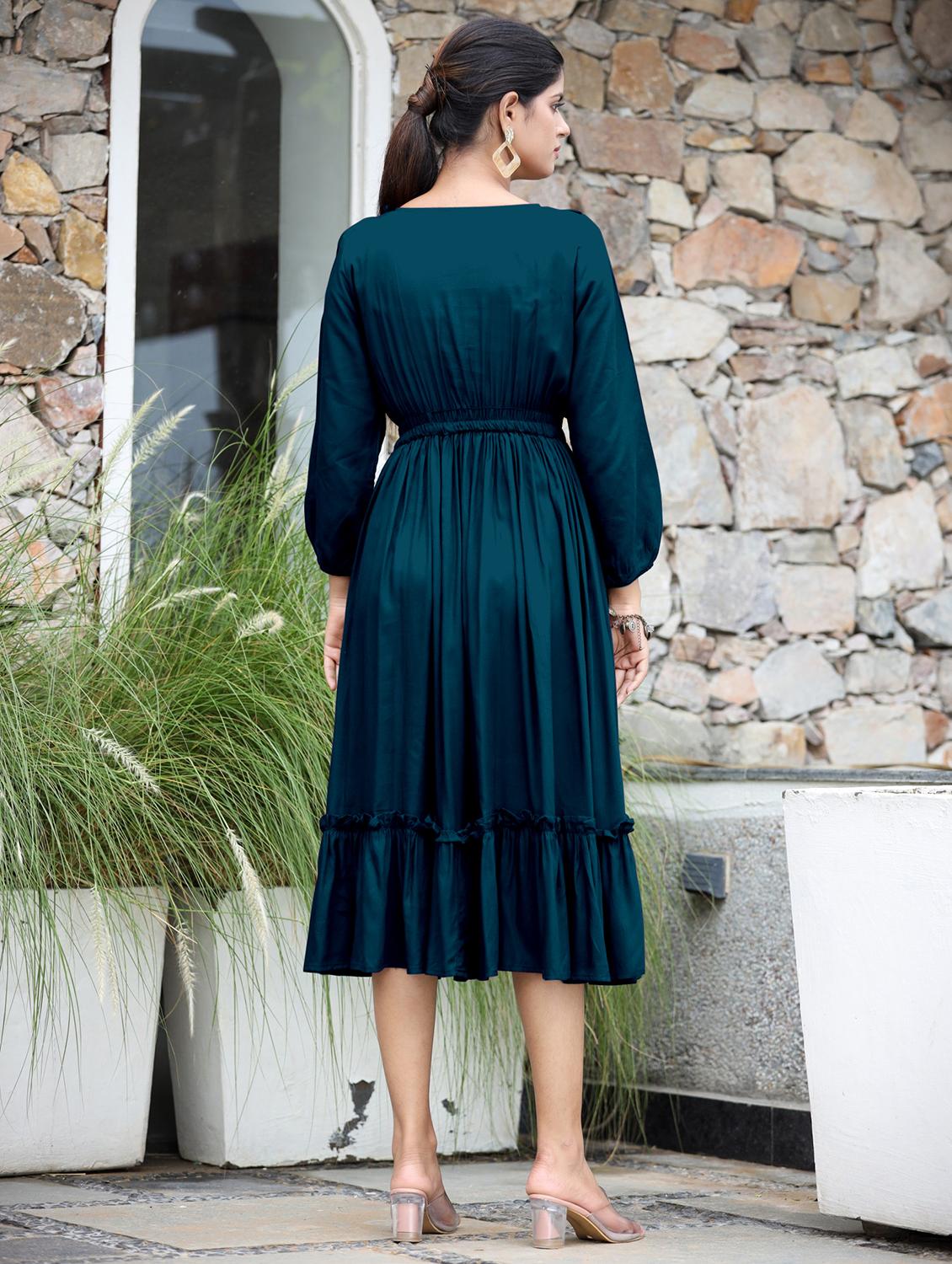 women solid three quarter sleeve tiered dress - 21975316 - Standard Image - 2