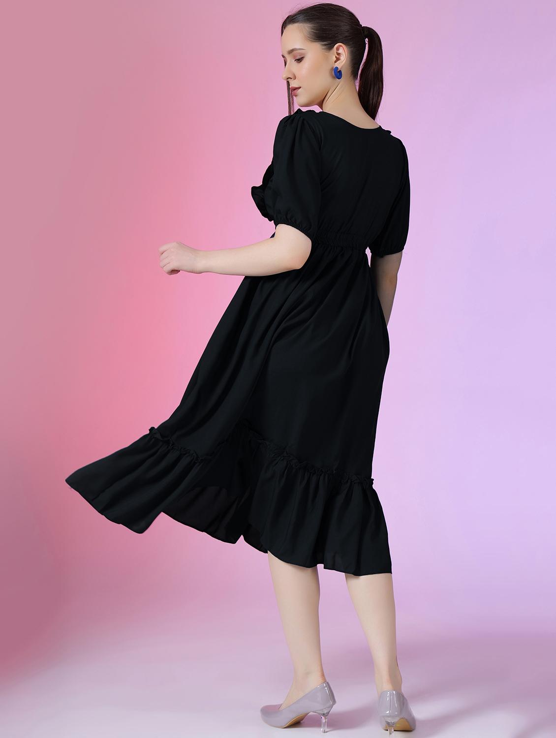 women solid puff sleeve tiered dress - 21975319 -  Standard Image - 2