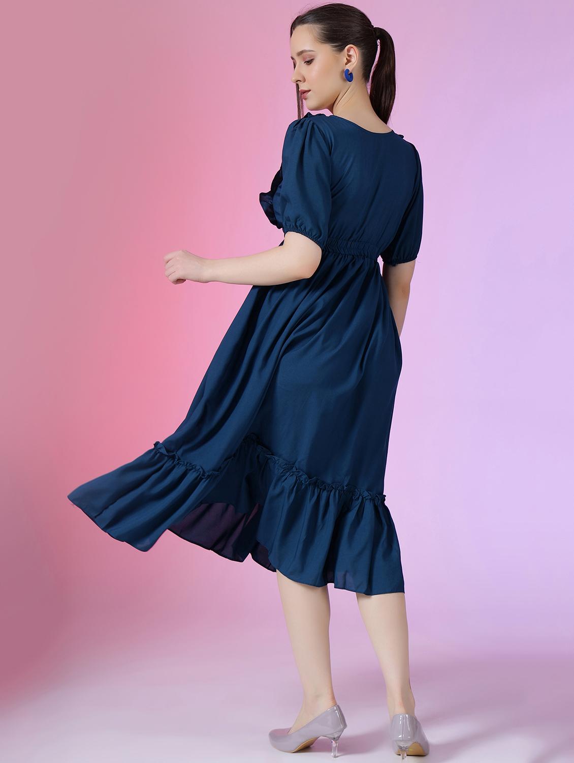 women solid puff sleeve tiered dress - 21975320 - Standard Image - 2