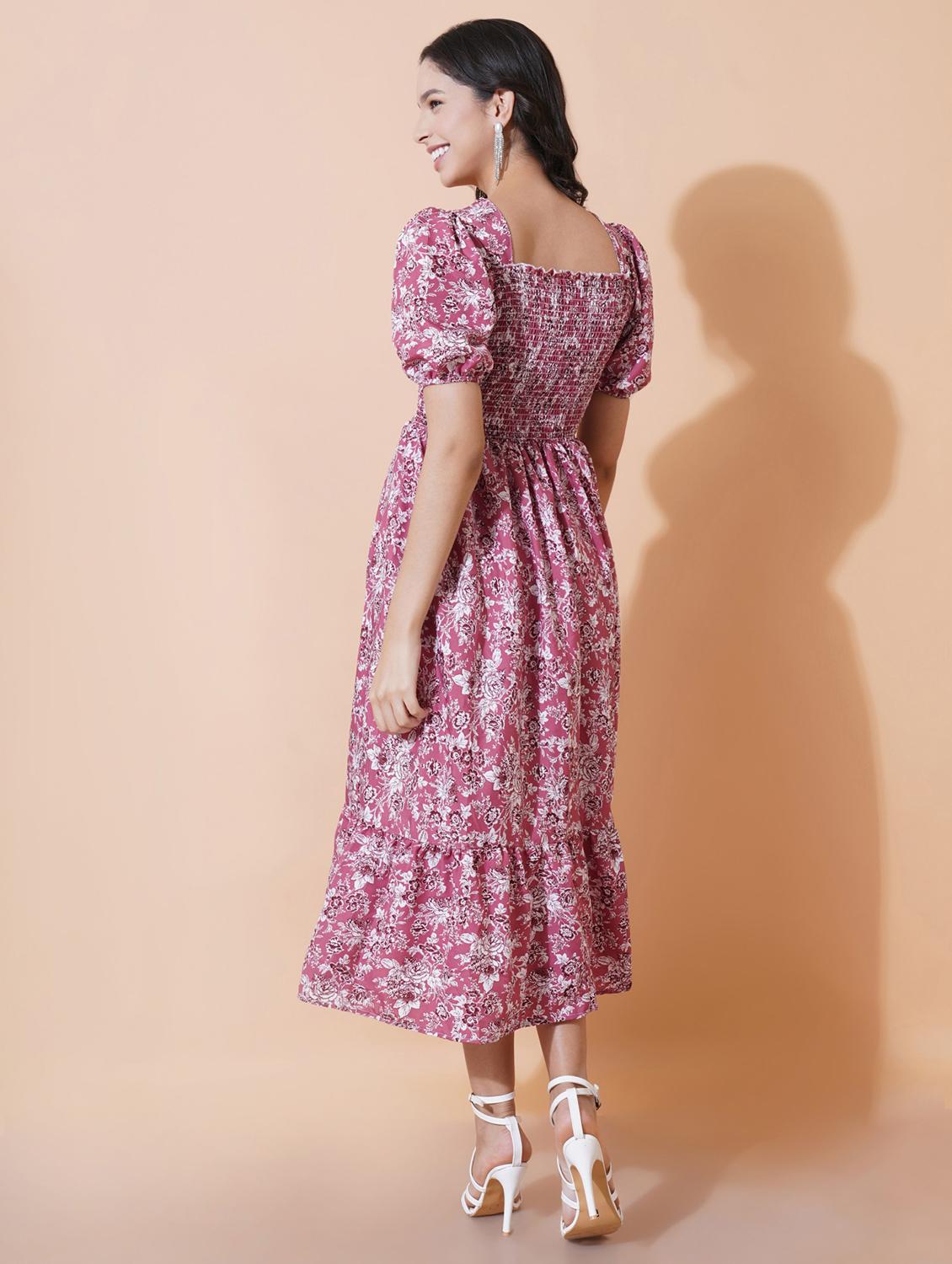 women pink printed puff sleeve tiered dress - 21975410 - Standard Image - 2