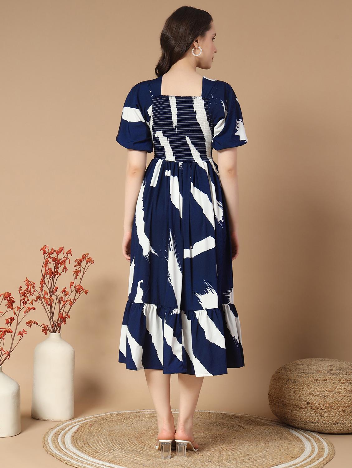 women navy blue printed puff sleeve tiered dress - 21975413 - Standard Image - 2