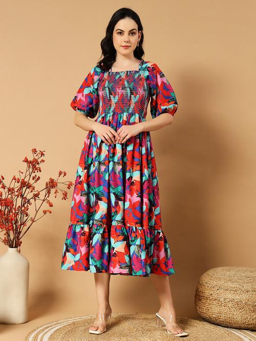 women floral print puff sleeve tiered dress - 21975416 - Standard Image - 0