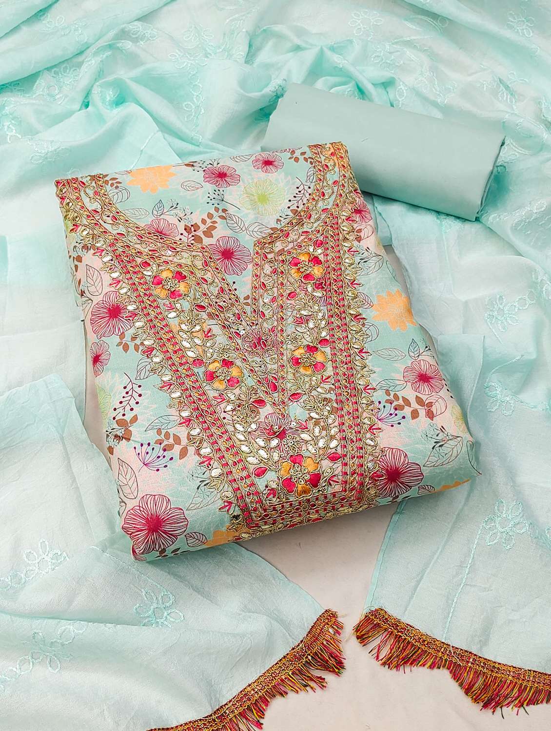 women printed embroidered unstitched suit set